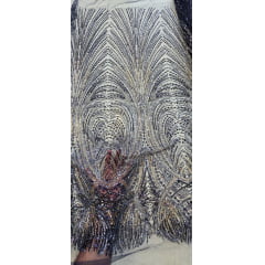 Tule Bordado com Pedrarias Premium Azul Marinho Multicolor HT70848 - Comprimento 0,50 cm x Largura 1,30 m