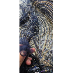 Tule Bordado com Pedrarias Premium Azul Marinho Multicolor HT70848 - Comprimento 0,50 cm x Largura 1,30 m
