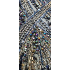 Tule Bordado com Pedrarias Premium Azul Marinho Multicolor HT70848 - Comprimento 0,50 cm x Largura 1,30 m