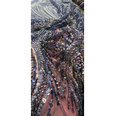 Tule Bordado com Pedrarias Premium Azul Marinho Multicolor HT70848 - Comprimento 0,50 cm x Largura 1,30 m