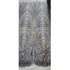 Tule Bordado com Pedrarias Premium Azul Marinho Multicolor HT70848 - Comprimento 0,50 cm x Largura 1,30 m
