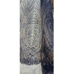 Tule Bordado com Pedrarias Premium Azul Marinho Multicolor HT70848 - Comprimento 0,50 cm x Largura 1,30 m
