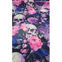 Cetim Estampado Digital Caveiras com Rosas Roxas COM FALHA - Comprimento 2,80 m x Largura 1,47 m