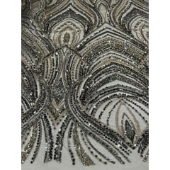 Tule Bordado com Pedrarias Premium Verde Militar com Dourado Multicolor HT97504 - Comprimento 0,70 cm x Largura 1,30 m