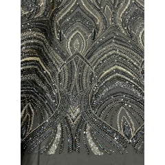 Tule Bordado com Pedrarias Premium Verde Militar com Dourado Multicolor HT97504 - Comprimento 0,70 cm x Largura 1,30 m