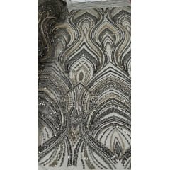 Tule Bordado com Pedrarias Premium Verde Militar com Dourado Multicolor HT97504 - Comprimento 0,70 cm x Largura 1,30 m