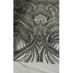 Tule Bordado com Pedrarias Premium Verde Militar com Dourado Multicolor HT97504 - Comprimento 0,70 cm x Largura 1,30 m