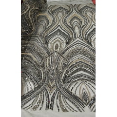 Tule Bordado com Pedrarias Premium Verde Militar com Dourado Multicolor HT97504 - Comprimento 0,70 cm x Largura 1,30 m