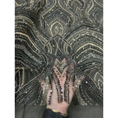 Tule Bordado com Pedrarias Premium Verde Militar com Dourado Multicolor HT97504 - Comprimento 0,70 cm x Largura 1,30 m