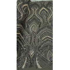 Tule Bordado com Pedrarias Premium Verde Militar com Dourado Multicolor HT97504 - Comprimento 0,70 cm x Largura 1,30 m
