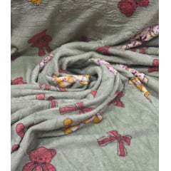 Ultra Soft Fleece Estampada Ursinhos e Laços Fundo Verde COM COLA E FITA  - Comprimento 1 m x Largura 1,80 m