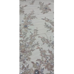 Tule Bordado com Pedrarias Premium Kaki Multicolor 3D Modelo W1F2758 - Comprimento 0,85 cm x Largura 1,30 m