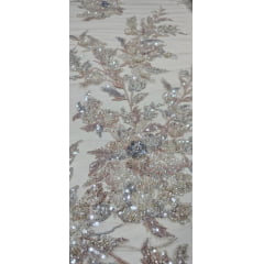 Tule Bordado com Pedrarias Premium Kaki Multicolor 3D Modelo W1F2758 - Comprimento 0,85 cm x Largura 1,30 m