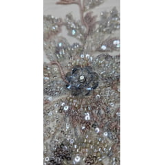 Tule Bordado com Pedrarias Premium Kaki Multicolor 3D Modelo W1F2758 - Comprimento 0,85 cm x Largura 1,30 m