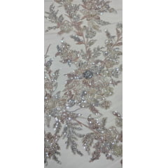 Tule Bordado com Pedrarias Premium Kaki Multicolor 3D Modelo W1F2758 - Comprimento 0,85 cm x Largura 1,30 m