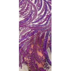 Tule Bordado com Pedrarias Premium Roxo com Fúcsia HS1549 - Comprimento 0,65 cm x Largura 1,35 m