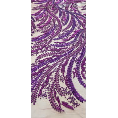 Tule Bordado com Pedrarias Premium Roxo com Fúcsia HS1549 - Comprimento 0,65 cm x Largura 1,35 m