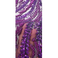 Tule Bordado com Pedrarias Premium Roxo com Fúcsia HS1549 - Comprimento 0,65 cm x Largura 1,35 m