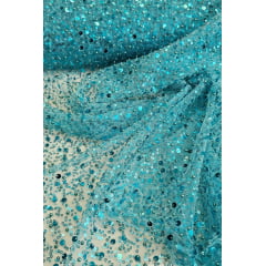 Tule Bordado com Paetês e Pedrarias Azul Turquesa COM FALHA - Comprimento 0,45 cm x Largura 1,30 m