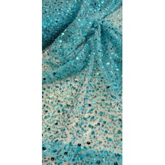Tule Bordado com Paetês e Pedrarias Azul Turquesa COM FALHA - Comprimento 0,45 cm x Largura 1,30 m