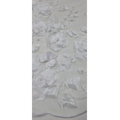 Tule Bordado Primavera 3D com Pérolas ST26 Branco - Comprimento 0,60 cm x Largura 1,30 m