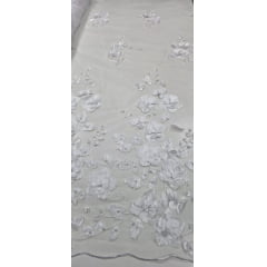 Tule Bordado Primavera 3D com Pérolas ST26 Branco - Comprimento 0,60 cm x Largura 1,30 m