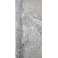 Tule Bordado Primavera 3D com Pérolas ST26 Branco - Comprimento 0,60 cm x Largura 1,30 m