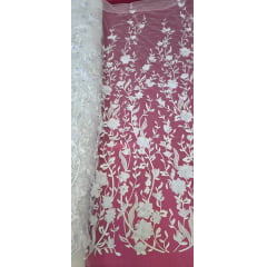 Tule Bordado com Pérolas e Flores 3D Branco GDT6125 - Comprimento 0,80 cm x Largura 1,40 m