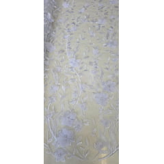 Tule Bordado com Pérolas e Flores 3D Branco GDT6125 - Comprimento 0,80 cm x Largura 1,40 m