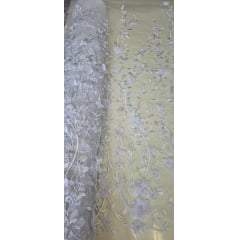 Tule Bordado com Pérolas e Flores 3D Branco GDT6125 - Comprimento 0,80 cm x Largura 1,40 m