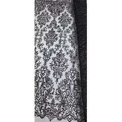 Tule Arabesco com Glitter e Paetê Preto 306LX - Comprimento 0,75 cm x Largura 1,30 m