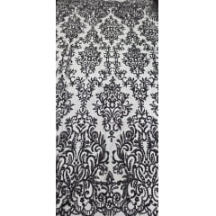 Tule Arabesco com Glitter e Paetê Preto 306LX - Comprimento 0,75 cm x Largura 1,30 m