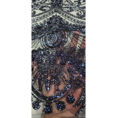 Tule Bordado com Pedrarias Premium Azul Marinho TM05892A - Comprimento 0,90 cm x Largura  1,30 m