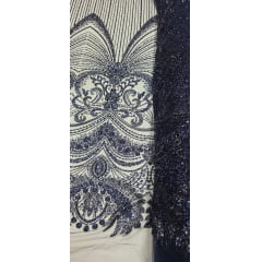 Tule Bordado com Pedrarias Premium Azul Marinho TM05892A - Comprimento 0,90 cm x Largura  1,30 m