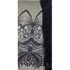 Tule Bordado com Pedrarias Premium Azul Marinho TM05892A - Comprimento 0,90 cm x Largura  1,30 m
