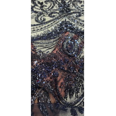 Tule Bordado com Pedrarias Premium Azul Marinho TM05892A - Comprimento 0,90 cm x Largura  1,30 m