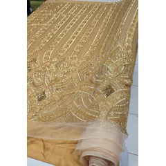 Tule Bordado com Pedrarias Dourado TZ14917 - Comprimento 0,65 cm x Largura 1,30 m