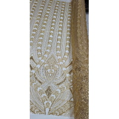Tule Bordado com Pedrarias Dourado TZ14917 - Comprimento 0,65 cm x Largura 1,30 m Tule Bordado com Pedrarias Dourado TZ14917 - Comprimento 0,65 cm x Largura 1,30 m