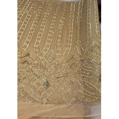 Tule Bordado com Pedrarias Dourado TZ14917 - Comprimento 0,65 cm x Largura 1,30 m