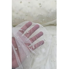 Tule com Pérolas Off White COM SUJEIRA - Comprimento 1 m x Largura 1,60 m