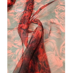 Organza Cristal Digital Preto Rosas Vermelhas COM FALHA - Comprimento 1,50 m x Largura 1,47 m