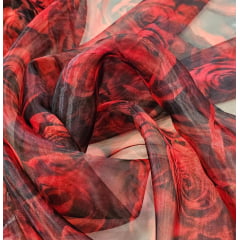 Organza Cristal Digital Preto Rosas Vermelhas COM FALHA  - Comprimento 1,50 m x Largura 1,47 m