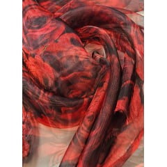 Organza Cristal Digital Preto Rosas Vermelhas COM FALHA - Comprimento 1,50 m x Largura 1,47 m