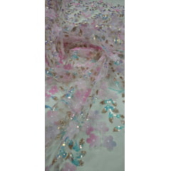 Tule Bordado 3D com Paetês Holográficos Rosa Bebê - Comprimento 0,70 cm x Largura 130 m