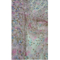 Tule Bordado 3D com Paetês Holográficos Rosa Bebê - Comprimento 0,70 cm x Largura 130 m