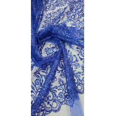 Tule Arabesco com Glitter e Paetê Azul Royal 306LX COM DEFEITO - Comprimento 140 m x Largura 1,30 m