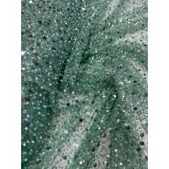 Tule Bordado com Paetês e Pedrarias Verde Menta - Comprimento 0,90 cm x Largura 1,30 m