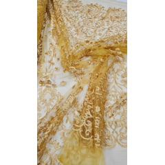 Tule Bordado Arabescos com Bico Dourado ST500  