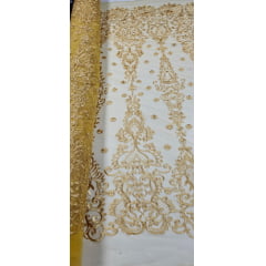 Tule Bordado Arabescos com Bico Dourado ST500  