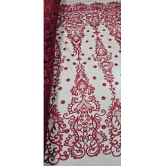 Tule Bordado Arabescos com Bico Marsala  ST500    